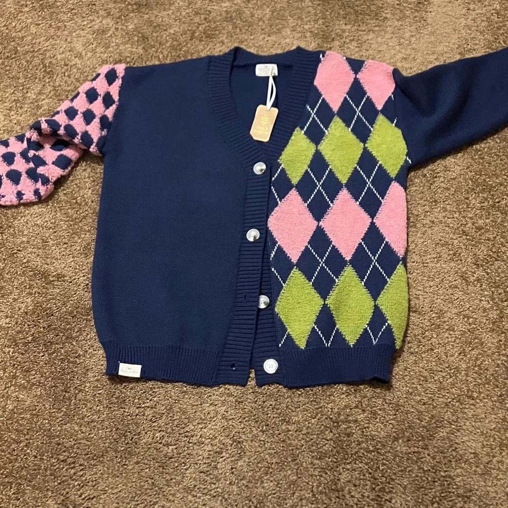 SIMPLY SOUTHERN Navy Cardigan with Pink and Green Argyle. Size Small. OVERSIZED. - Picture 6 of 9